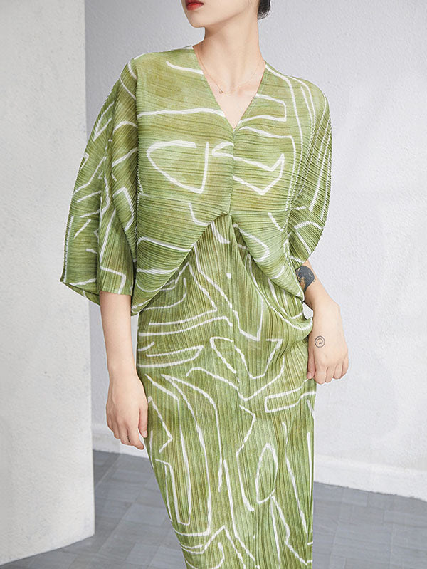 xakxx Urban Loose Batwing Sleeves Printed Pleated V-Neck Midi Dresses