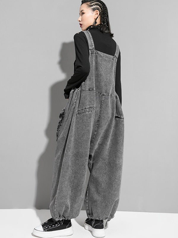xakxx Loose Sleeveless Pockets Split-Joint Jean Pants Bottoms Overalls