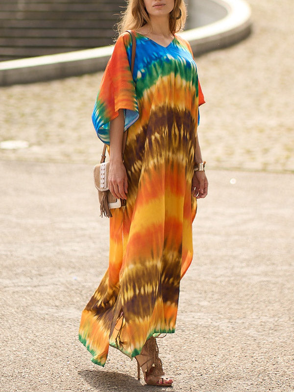 xakxx Batwing Sleeves Loose Split-Side Tie-Dyed V-Neck Beach Cover-Up Maxi Dresses