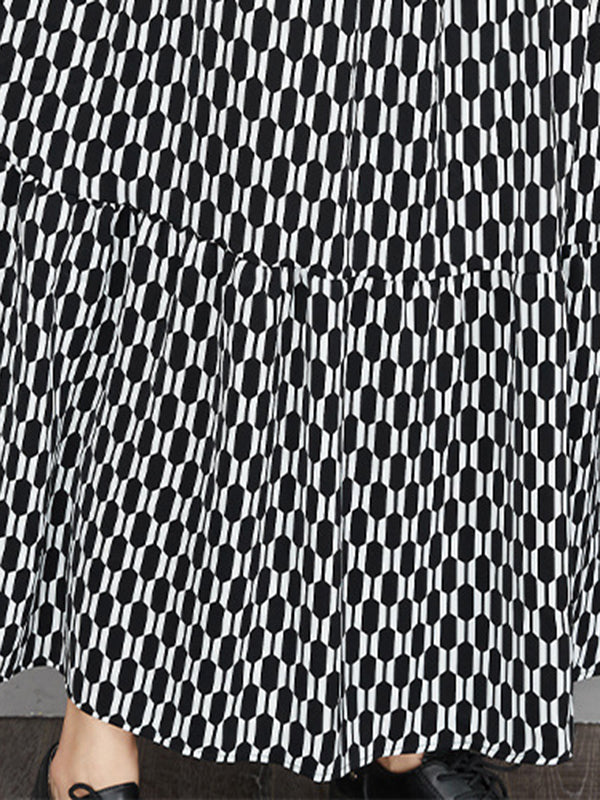 xakxx Casual Long Sleeves Loose Buttoned Contrast Color Printed Split-Joint Stand Collar Midi Dresses