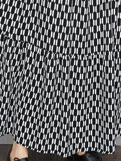 xakxx Casual Long Sleeves Loose Buttoned Contrast Color Printed Split-Joint Stand Collar Midi Dresses