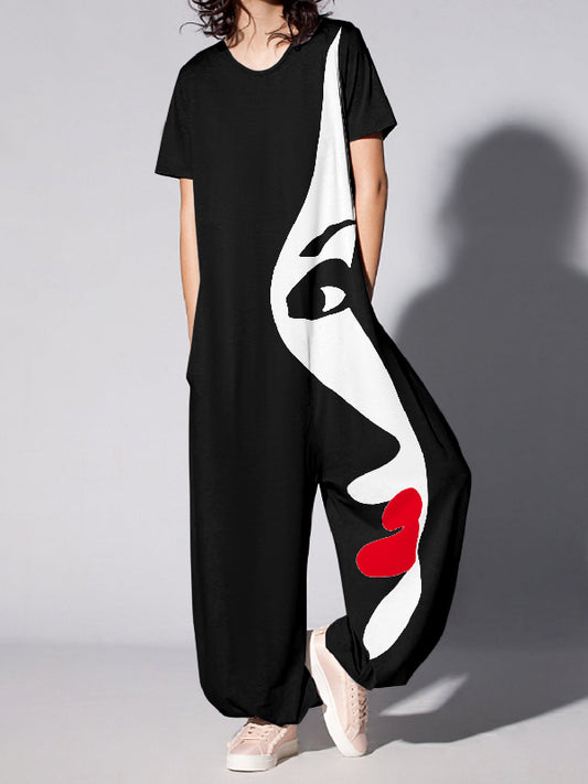 xakxx Loose Short Sleeves Figure Printed Round-Neck Jumpsuits