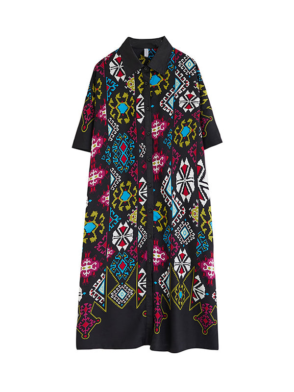xakxx A-Line Loose Buttoned Printed Lapel Midi Dresses