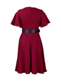 xakxx Irregular Clipping Plus Size Belted Solid Color Round-Neck Midi Dresses