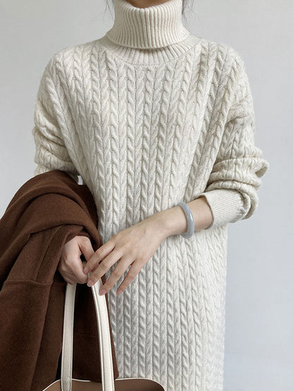 xakxx Stylish Loose Long Sleeves Solid Color High-Neck Twist Sweater Dresses