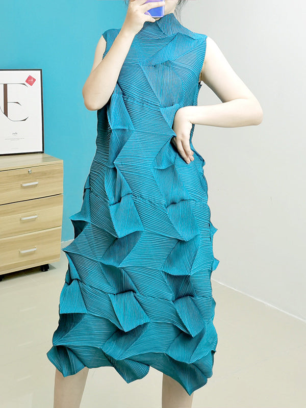 xakxx Casual Sleeveless Irregularity Pleated Solid Color Stand Collar Midi Dresses