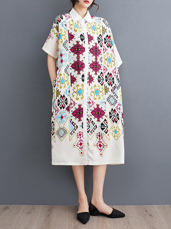 xakxx A-Line Loose Buttoned Printed Lapel Midi Dresses