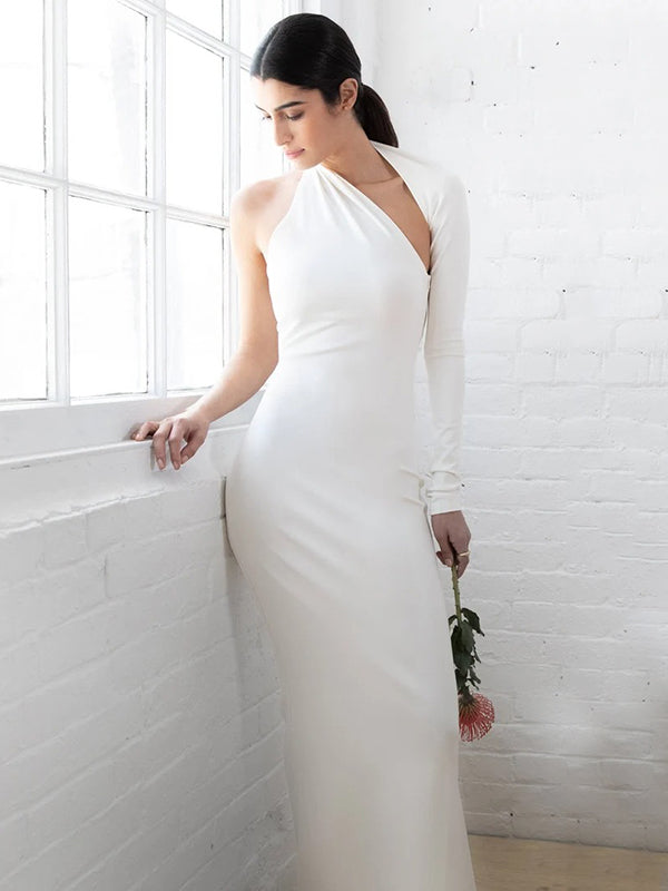 xakxx Stylish Skinny Asymmetric Hollow Backless One-Shoulder Maxi Dress