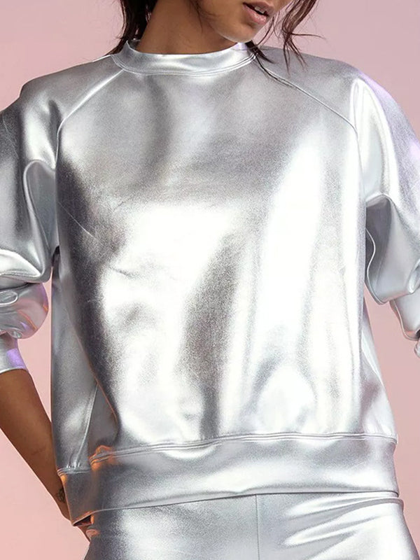 xakxx Long Sleeves Loose Solid Color Split-Joint Round-Neck Sweatshirt Tops
