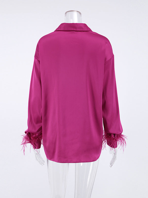 xakxx Loose Wrap Feathers Solid Color Split-Joint Lapel Collar Blouses&Shirts Tops