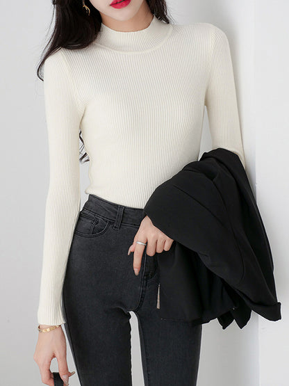 xakxx Simple Long Sleeves Skinny Solid Color High-Neck Pullovers