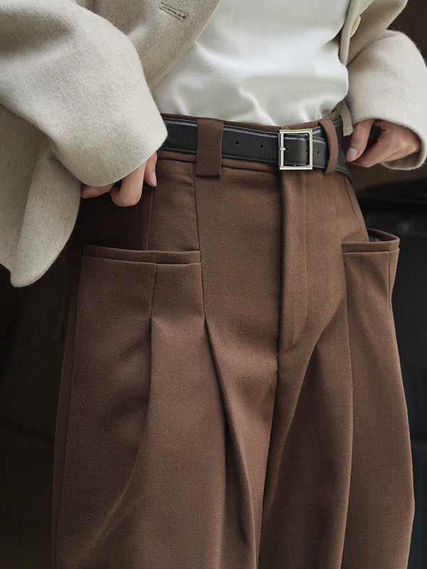 xakxx Loose Pleated Solid Color Wide Leg Pants Bottoms