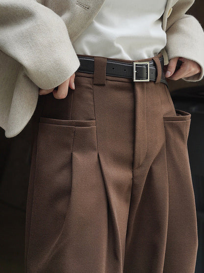 xakxx Loose Pleated Solid Color Wide Leg Pants Bottoms