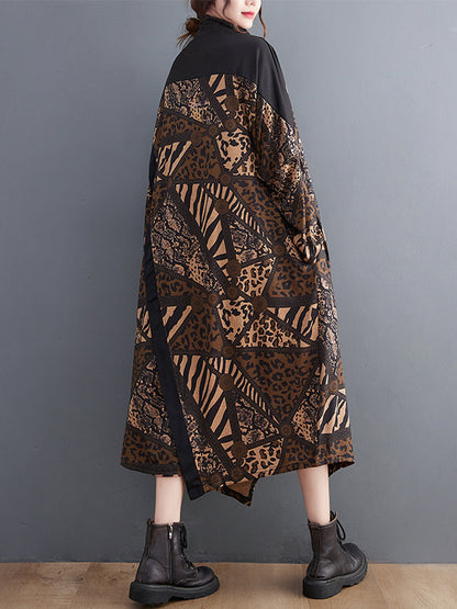 xakxx Long Sleeves Loose Asymmetric Printed Split-Front Split-Joint Mock Neck Midi Dresses