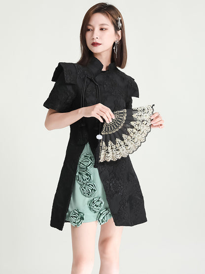 xakxx Vintage Contrast Color Applique Embroidered Short Cheongsams Mini Dress