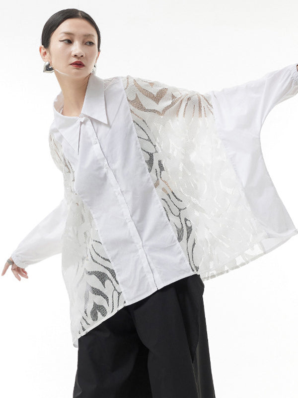 xakxx Urban See-Through Lace Split-Joint Lapel Blouse