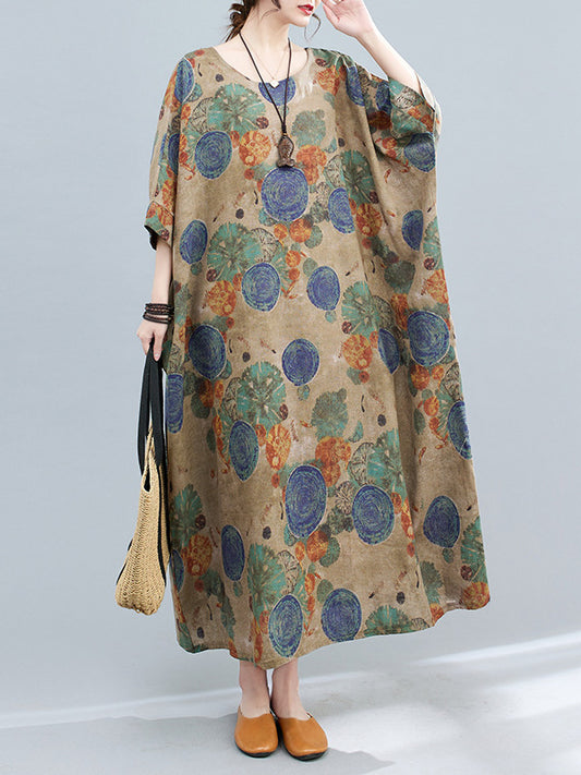 xakxx Casual Half Sleeves Loose Floral Printed Contrast Color Polka-Dot Round-Neck Midi Dresses