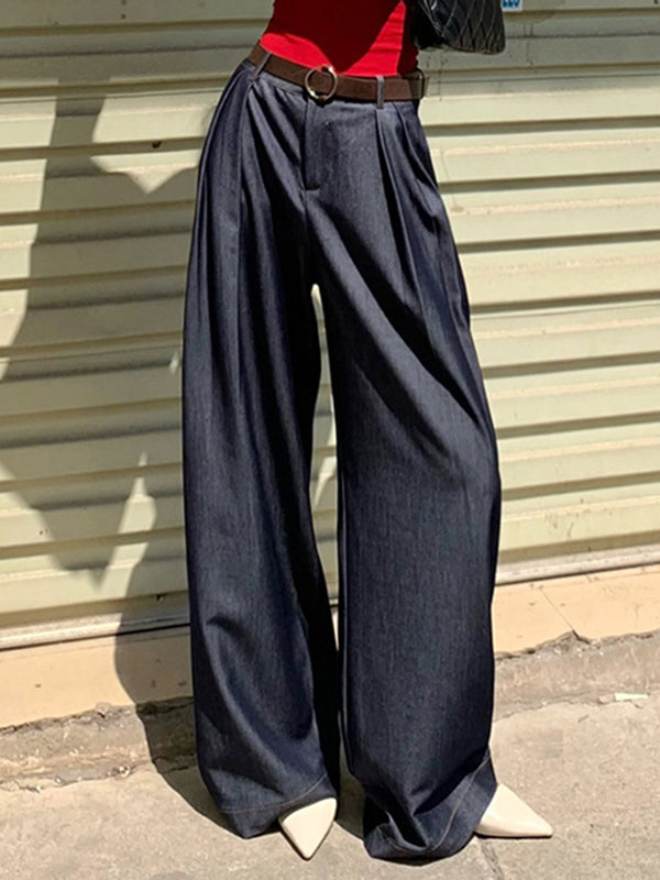 xakxx Loose Wide Leg High-Waisted Pleated Solid Color Pants Trousers