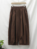 xakxx Simple Loose Linen Solid Color Pleated Drawstring Wide Legs Knickerbockers