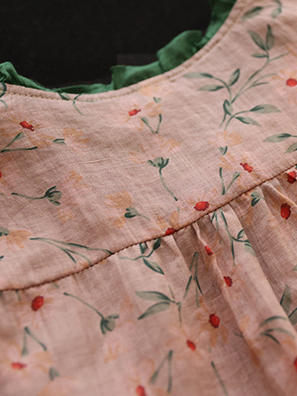 xakxx Long Sleeves Loose Floral Printed Lace-Up Round-Neck Blouses&Shirts Tops