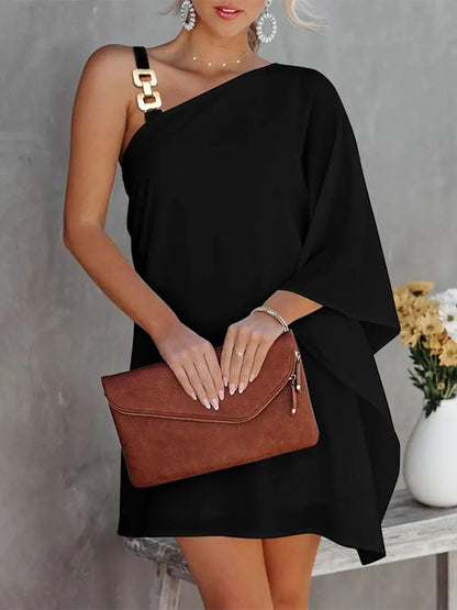 xakxx Batwing Sleeves Hollow Printed One-Shoulder Mini Dresses