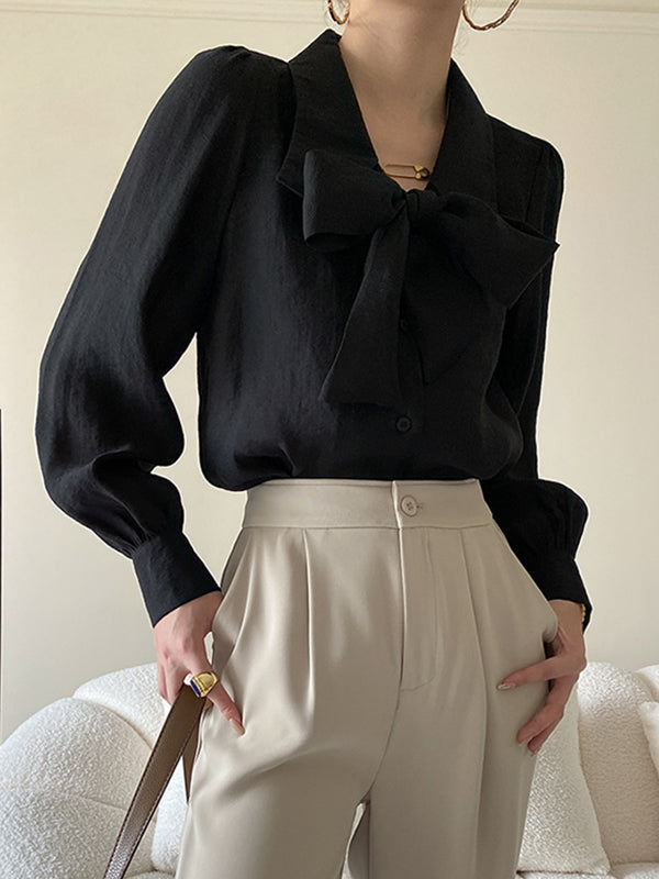 xakxx Urban Loose Long Sleeves Solid Color Lapel Collar Blouses