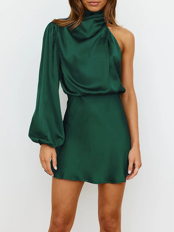 xakxx High Waisted Long Sleeves Asymmetric Elasticity Solid Color High Neck Mini Dresses