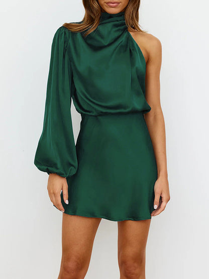 xakxx High Waisted Long Sleeves Asymmetric Elasticity Solid Color High Neck Mini Dresses