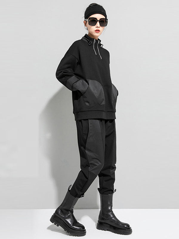 xakxx Casual Long Sleeves Loose Solid Color Zipper High-Neck Sweatshirt Tops