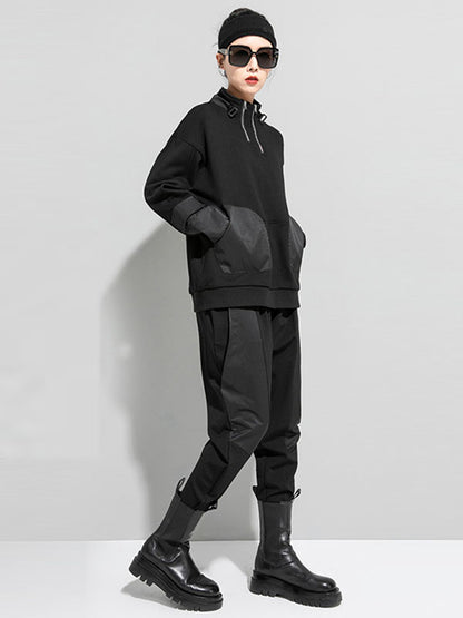 xakxx Casual Long Sleeves Loose Solid Color Zipper High-Neck Sweatshirt Tops
