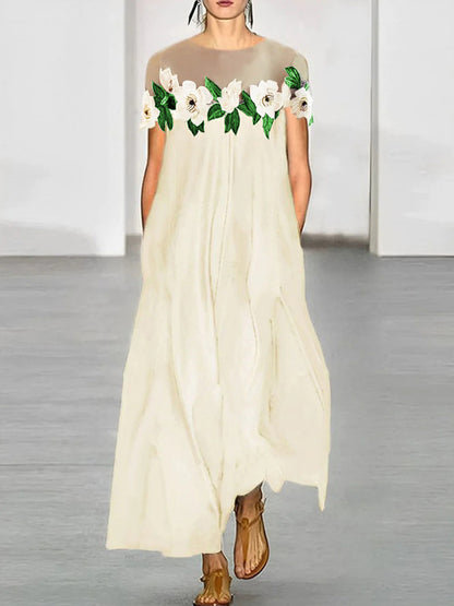 xakxx Loose Short Sleeves Flower-Embellished Split-Joint Round-Neck Maxi Dresses