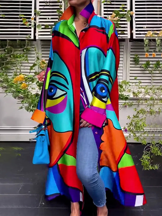 xakxx Irregular Clipping Loose Abstract Printed Multi-Colored Lapel Maxi Dresses Shirt Dress