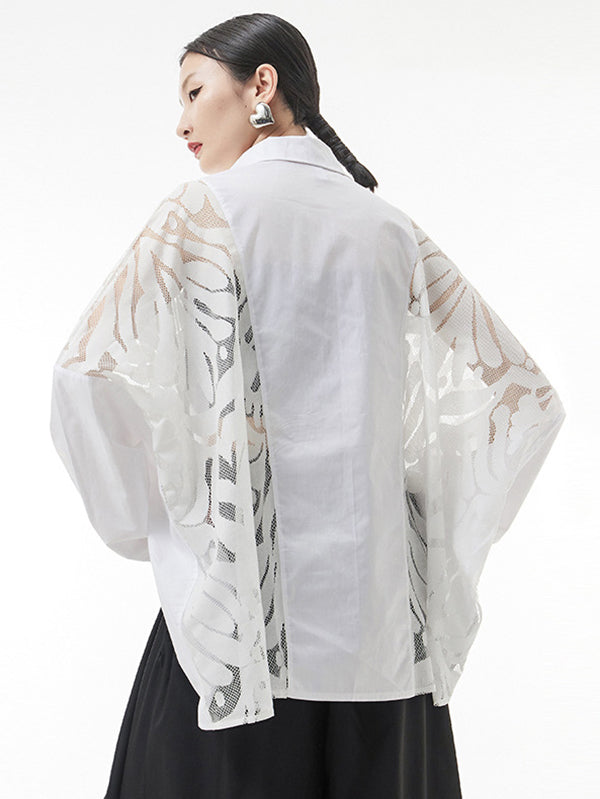 xakxx Urban See-Through Lace Split-Joint Lapel Blouse