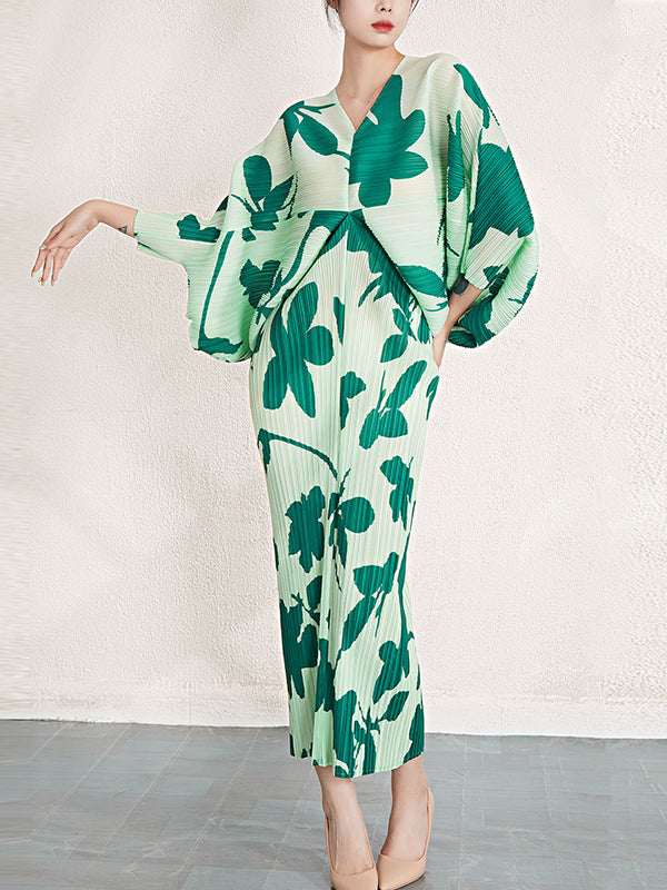 xakxx Batwing Sleeves Loose Pleated Printed V-Neck Midi Dresses