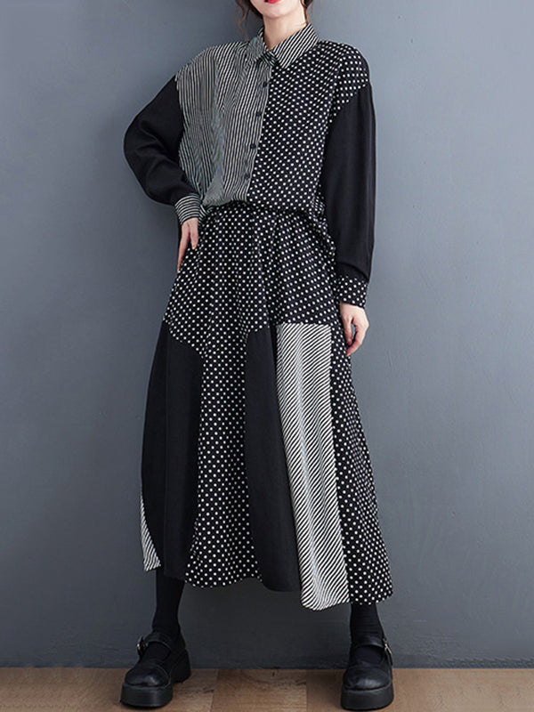 xakxx Loose Oversize Striped Polka-Dot Split-Joint Blouse Top A-Line Skirt Bottom Two Pieces Set