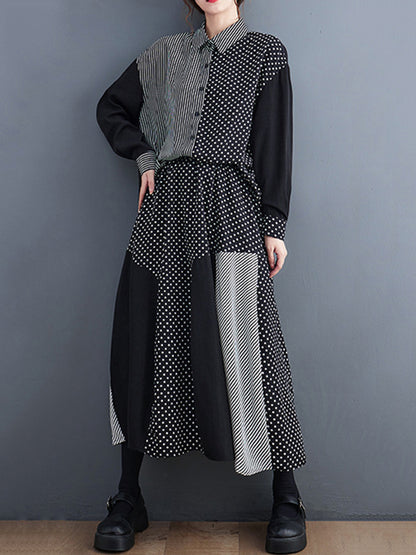 xakxx Loose Oversize Striped Polka-Dot Split-Joint Blouse Top A-Line Skirt Bottom Two Pieces Set