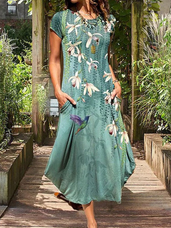 xakxx A-Line Loose Animal Printed Flower Print Round-Neck Midi Dresses