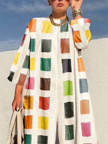 xakxx Loose Three-Quarter Sleeves Color-Block Contrast Color Jumpsuits