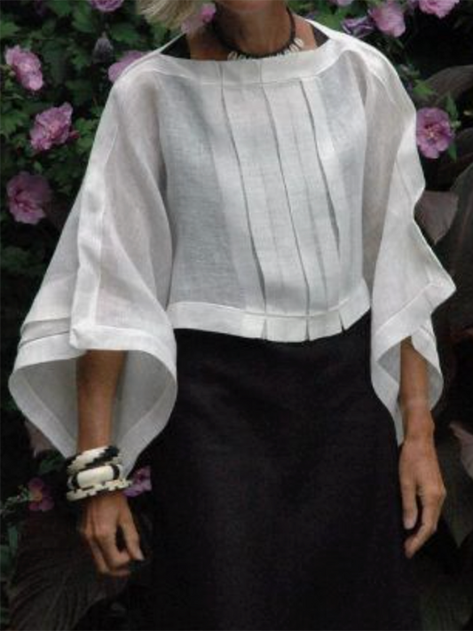 xakxx Long Sleeves Loose Pleated Solid Color Boat Neck Blouses