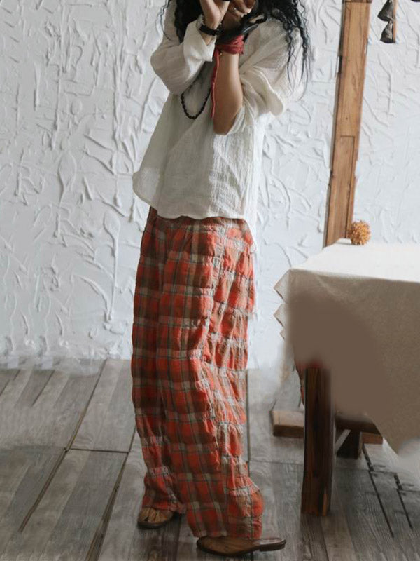 xakxx Casual Ramie Cotton Plaid Wide Leg Loose Pants