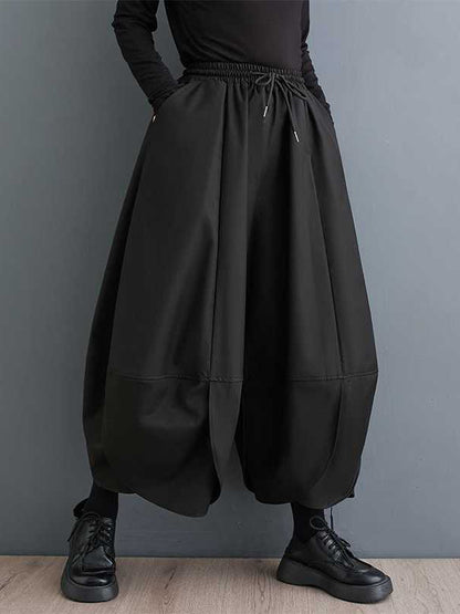 xakxx High Waisted Loose Drawstring Pleated Solid Color Pants Trousers
