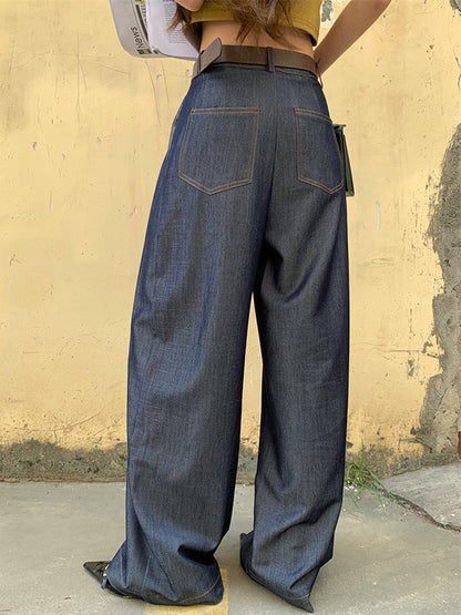 xakxx Loose Wide Leg High-Waisted Pleated Solid Color Pants Trousers