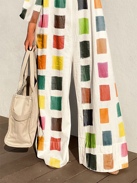 xakxx Loose Three-Quarter Sleeves Color-Block Contrast Color Jumpsuits