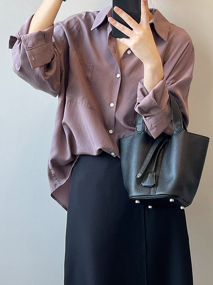 xakxx Vintage Long Sleeves Loose Solid Color Lapel Collar Blouses