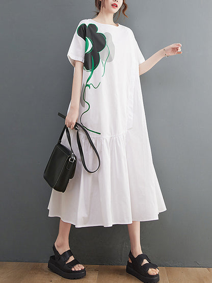 xakxx Loose Floral Printed Pleated Split-Joint Midi Dress