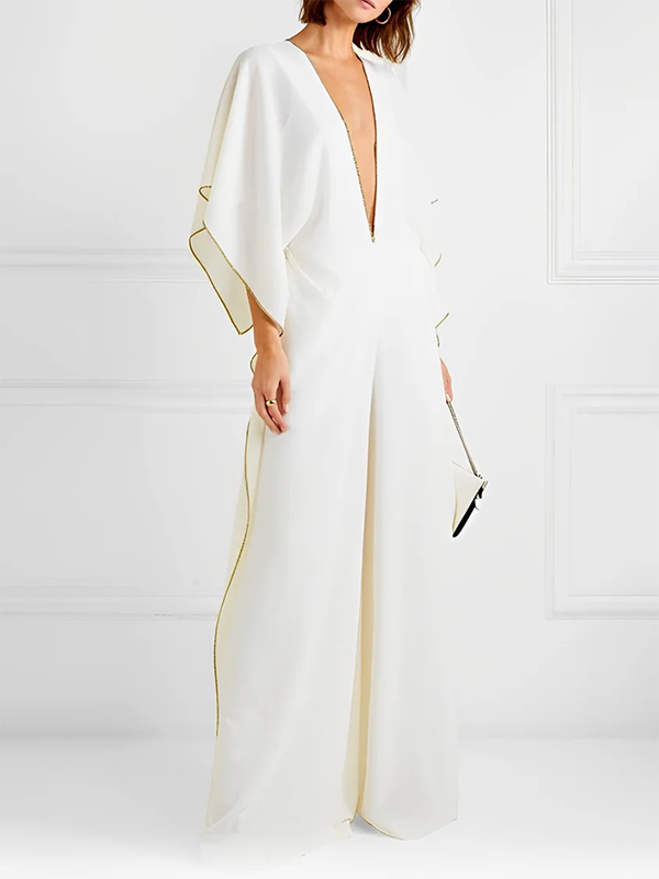 xakxx Loose Half Sleeves Solid Color Deep V-Neck Jumpsuits
