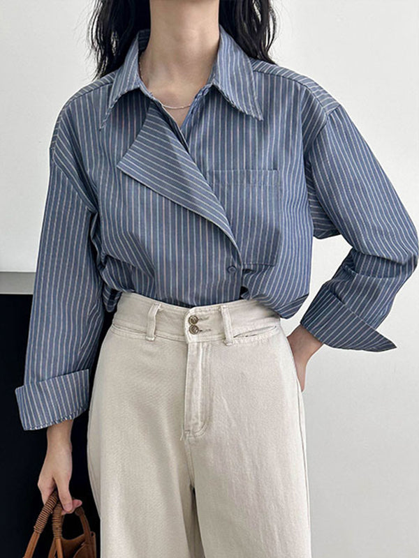 xakxx Long Sleeves Loose Asymmetric Split-Joint Striped Lapel Blouses
