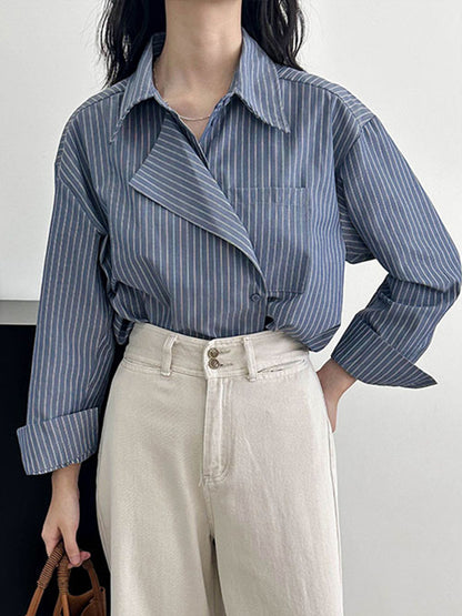 xakxx Long Sleeves Loose Asymmetric Split-Joint Striped Lapel Blouses
