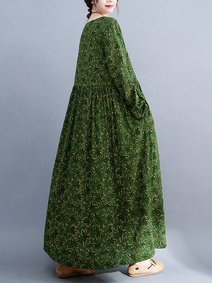 xakxx Artistic Retro Long Sleeves Loose Floral Printed Round-Neck Midi Dresses