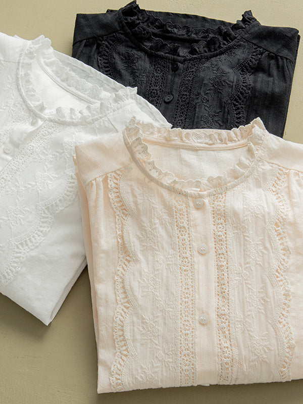 xakxx Long Sleeves Loose Embroidered Round-Neck Blouses&Shirts Tops